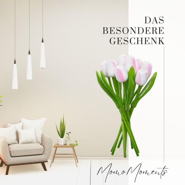 Tulip bouquet made of wood - 9 hand-painted wooden tulips, 34 cm tall, white/pink, wooden flower decoration, made in Holland